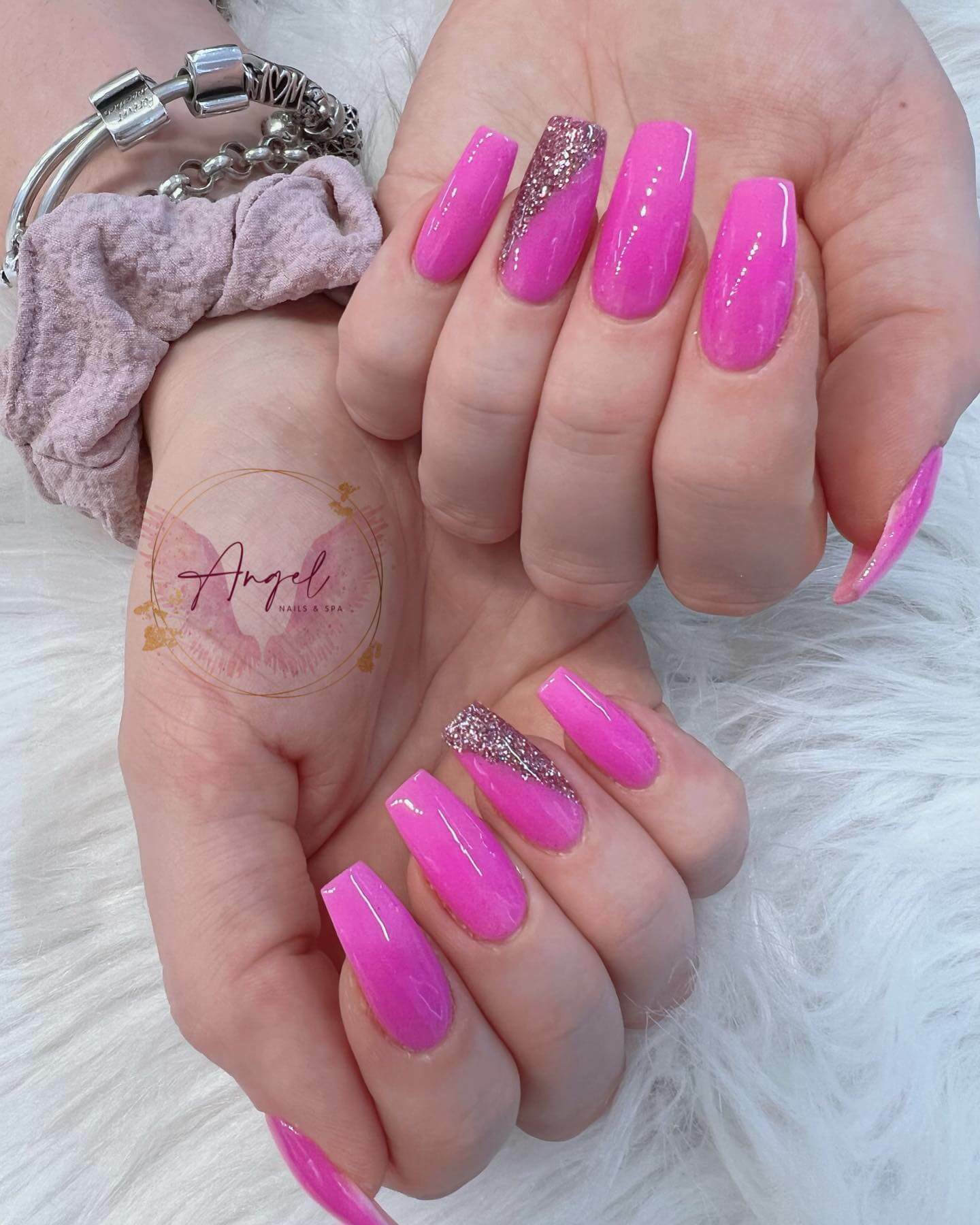 Hot Pink Nails with Glitter Add Some Sparkle to Your Look