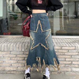 Aesthetic Star Long Denim Skirt - Y2K Summer Grunge 90s Fashion Retro Y2K Outfits