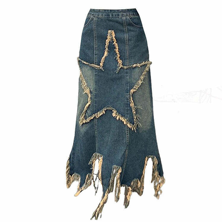 Aesthetic Star Long Denim Skirt - Y2K Summer Grunge 90s Fashion Retro Y2K Outfits