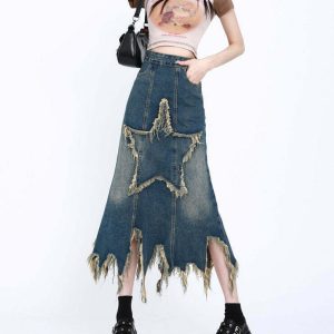 Aesthetic Star Long Denim Skirt - Y2K Summer Grunge 90s Fashion Retro Y2K Outfits