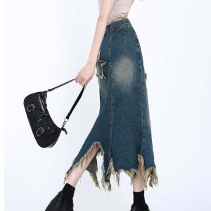 Aesthetic Star Long Denim Skirt - Y2K Summer Grunge 90s Fashion Retro Y2K Outfits