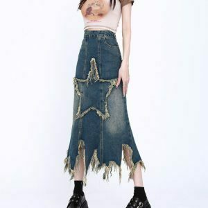 Aesthetic Star Long Denim Skirt - Y2K Summer Grunge 90s Fashion Retro Y2K Outfits