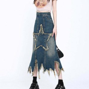 Aesthetic Star Long Denim Skirt - Y2K Summer Grunge 90s Fashion Retro Y2K Outfits