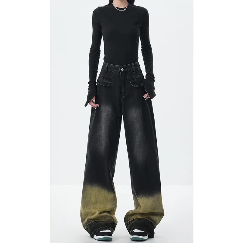 American Black Vintage High Waist Straight Gradient Jeans Pants Women's Baggy Y2K Wide Leg Grunge Harajuku Style Den