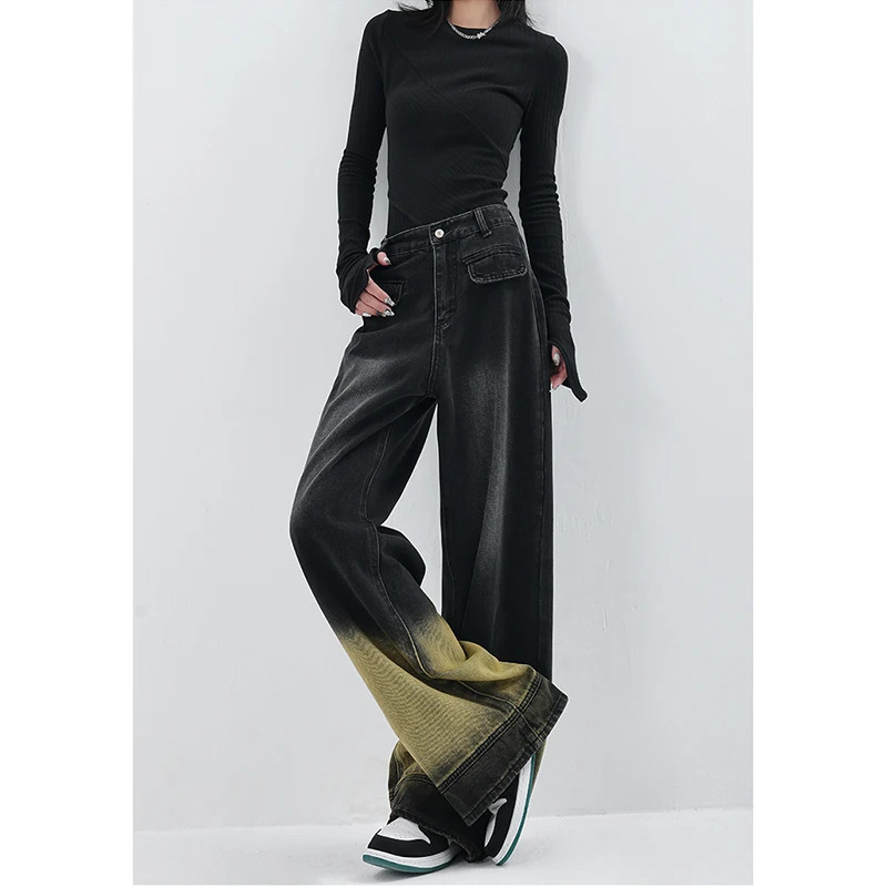 American Black Vintage High Waist Straight Gradient Jeans Pants Women's Baggy Y2K Wide Leg Grunge Harajuku Style Den