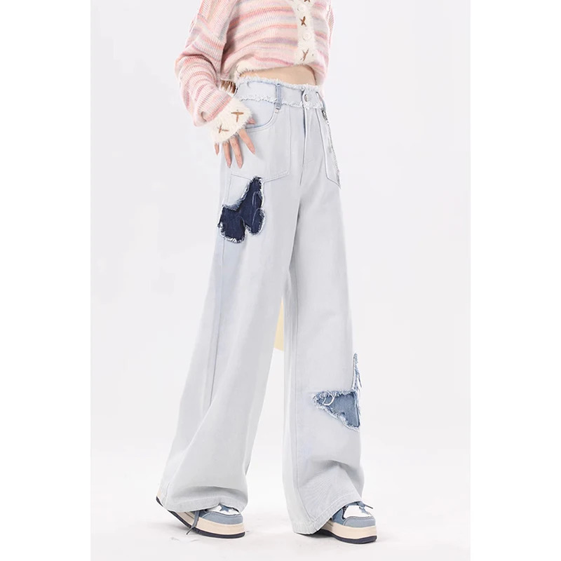 American Blue Vintage High Waist Straight Jeans Wide Leg Grunge Print Pants Women's Casual Baggy Y2K High Street Denim