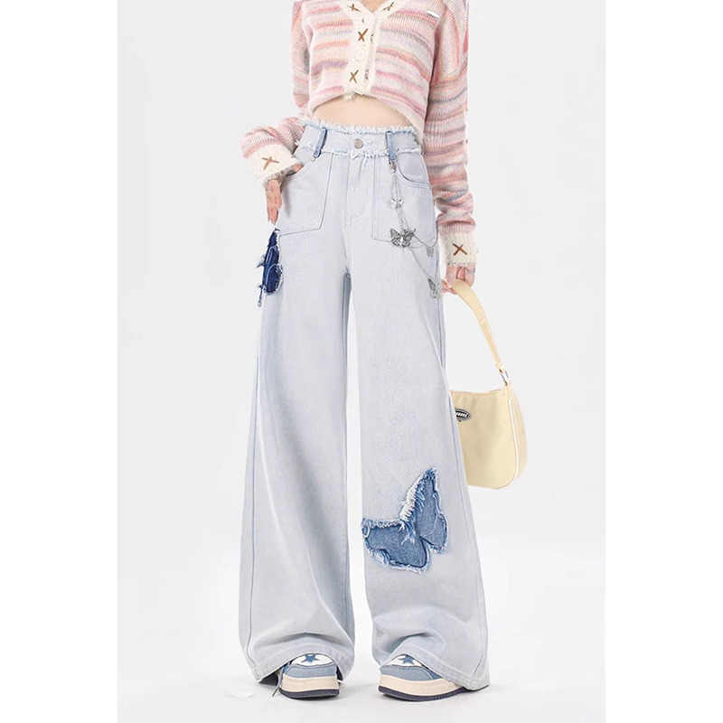 American Blue Vintage High Waist Straight Jeans Wide Leg Grunge Print Pants Women's Casual Baggy Y2K High Street Denim