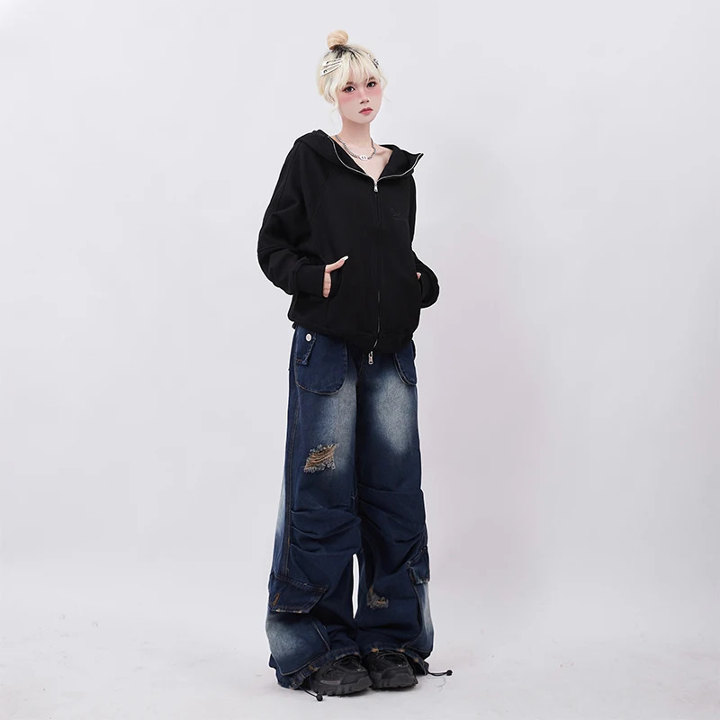 American Retro High Waist Oversized Jeans - Casual Baggy Y2K Pockets Pants for Women - Wide Leg Grunge Street