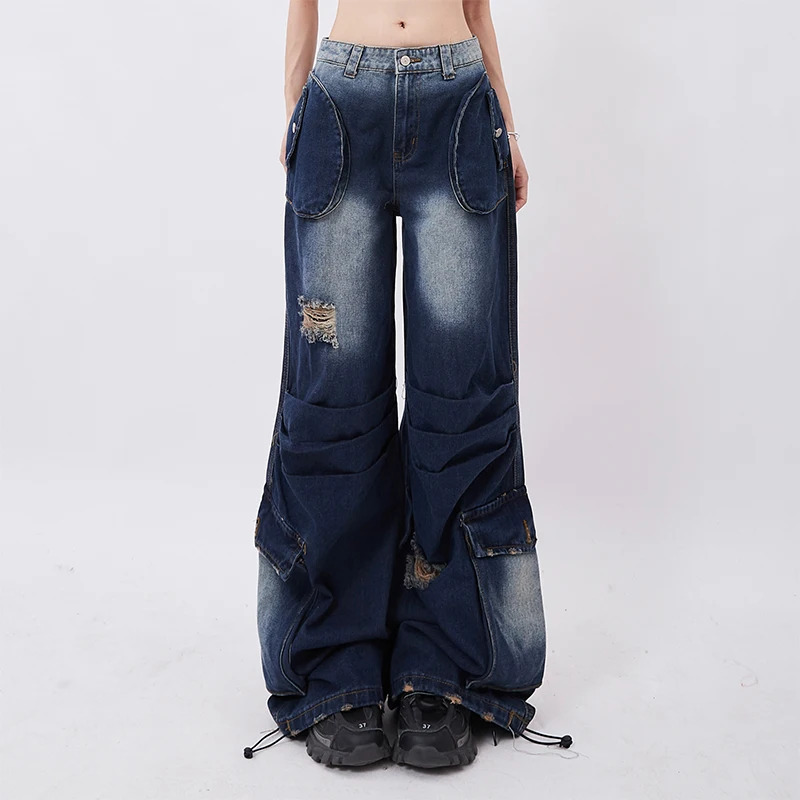 American Retro High Waist Oversized Jeans - Casual Baggy Y2K Pockets Pants for Women - Wide Leg Grunge Street