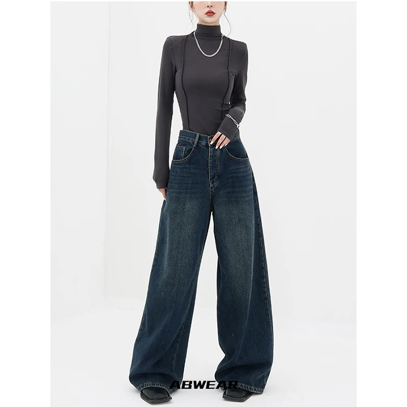 American Retro High Waist Oversized Jeans Vintage Pants - Casual Baggy Y2K Wide Leg Grunge Streetwear Denim Trou