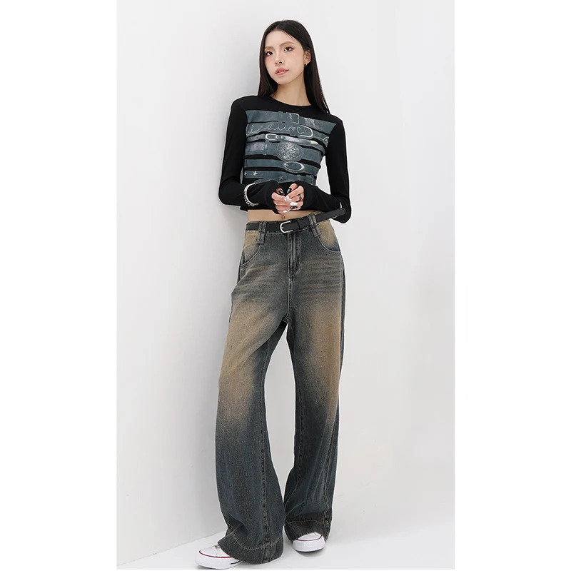 American Retro High Waist Straight Jeans - Y2K Grunge Streetwear Denim Trouser