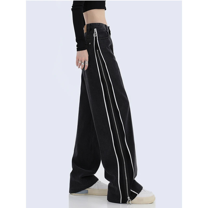 American Vintage Black Y2K High Waist Zipper Jeans - Women's Casual Baggy Denim Trousers