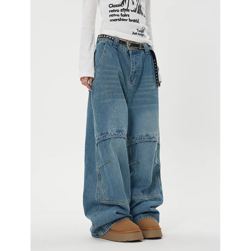 American Vintage Blue Cargo Jeans - Y2K High Waist Pocket Straight Pants