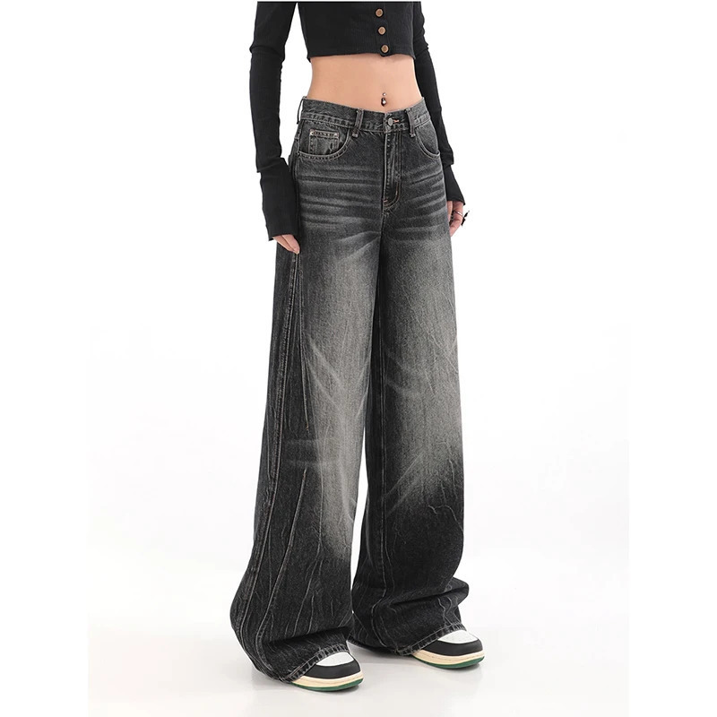 American Vintage High Waist Oversized Jeans - Casual Baggy Y2K Wide Leg Grunge Streetwear Black Denim Trouser