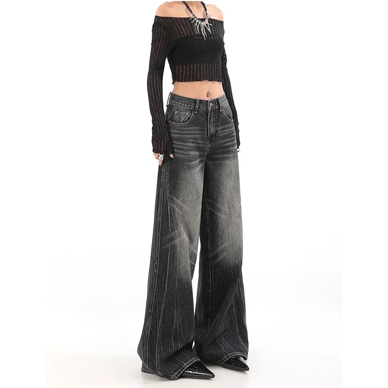 American Vintage High Waist Oversized Jeans - Casual Baggy Y2K Wide Leg Grunge Streetwear Black Denim Trouser