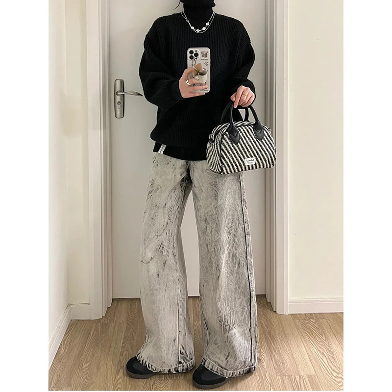 American Vintage High Waist Oversized Jeans - Casual Baggy Y2K Wide Leg Grunge Streetwear Grey Denim Trouser