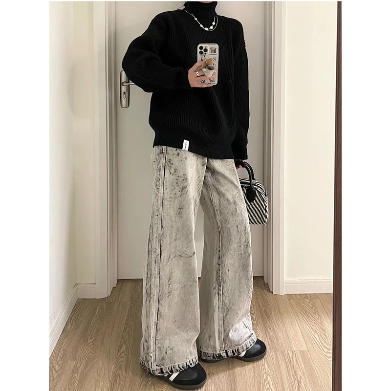 American Vintage High Waist Oversized Jeans - Casual Baggy Y2K Wide Leg Grunge Streetwear Grey Denim Trouser