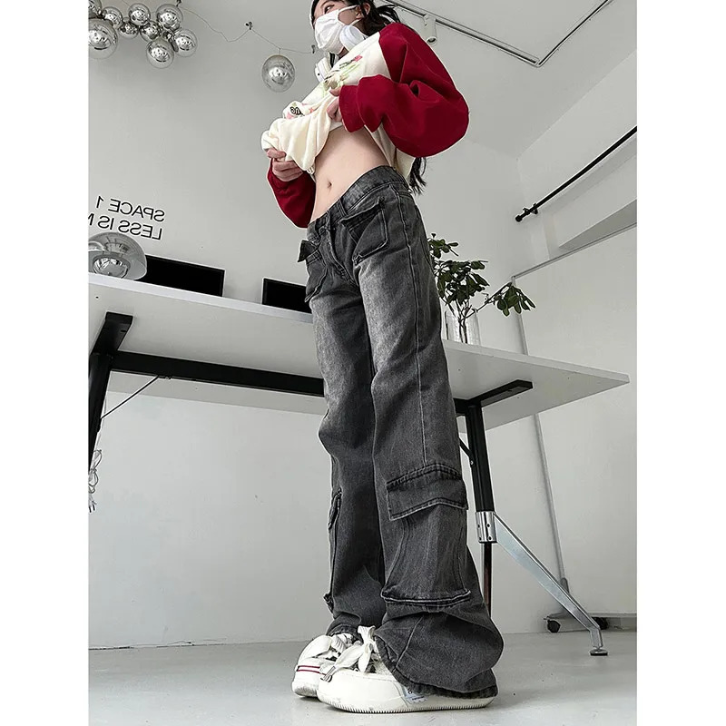 American Vintage Hip-hop Pockets High Waist Straight Jeans Pants Women Casual Baggy Y2K Wide Leg Grunge Streetwear Den