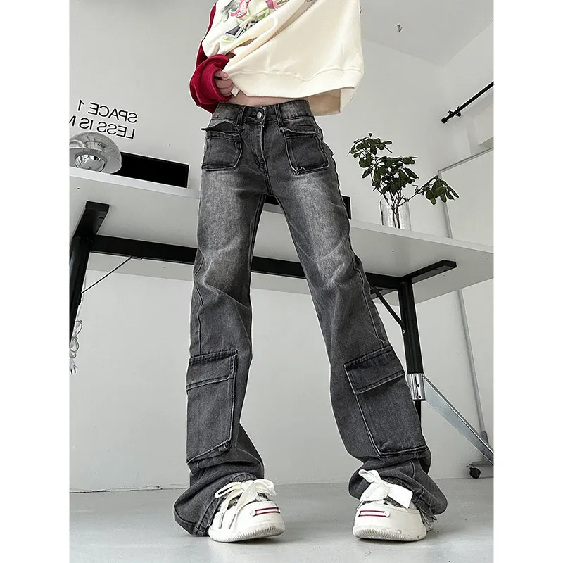 American Vintage Hip-hop Pockets High Waist Straight Jeans Pants Women Casual Baggy Y2K Wide Leg Grunge Streetwear Den