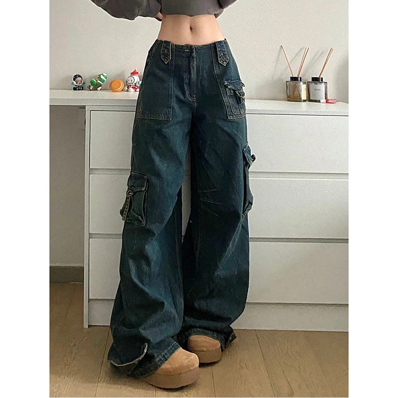 American Vintage Hip-hop Y2K High Waist Straight Jeans - Women's Casual Baggy Grunge Streetwear Denim Trouser