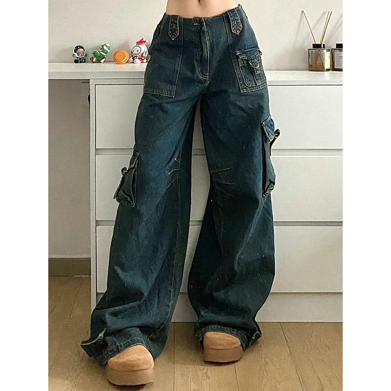 American Vintage Hip-hop Y2K High Waist Straight Jeans - Women's Casual Baggy Grunge Streetwear Denim Trouser