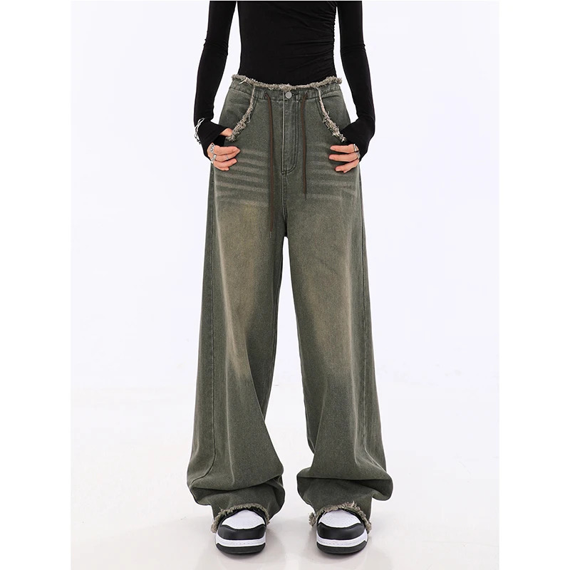 American Vintage Y2K Elastic Waist Drawstring Jeans - Women's Casual Baggy Wide Leg Denim Trouser