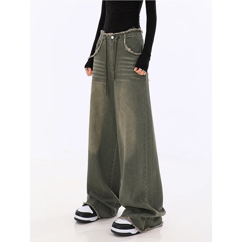 American Vintage Y2K Elastic Waist Drawstring Jeans - Women's Casual Baggy Wide Leg Denim Trouser