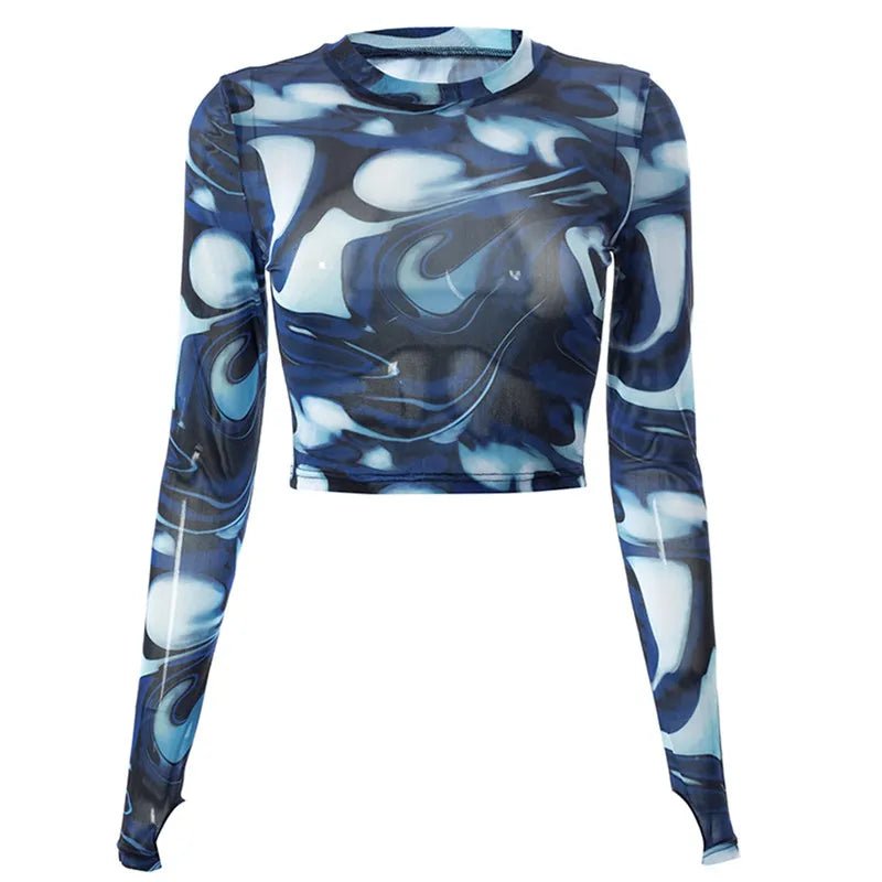 Aqua Swirl Crop Top - Y2K Summer Grunge, 90s Fashion, Retro Y2K Party Outfit