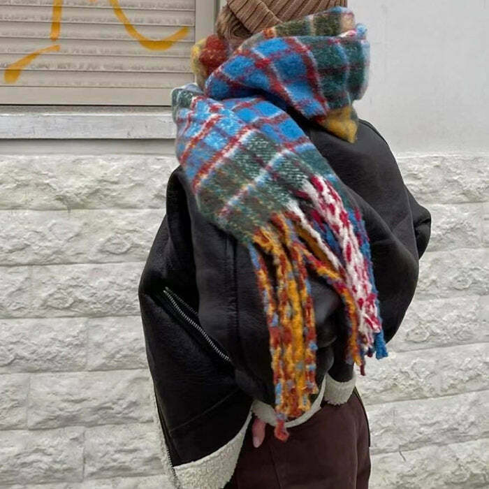 Autumn Feels Plaid Wool Scarf - Y2K & 90s Fashion, Grunge, Retro, Past