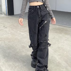 Black Gothic Y2K Denim Pants - Retro 90s Grunge, Y2K Summer & Party Outfits, Y