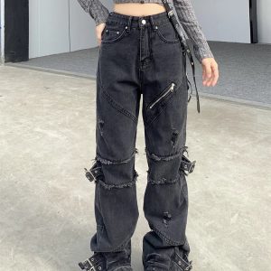 Black Gothic Y2K Denim Pants - Retro 90s Grunge, Y2K Summer & Party Outfits, Y