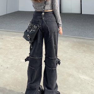 Black Gothic Y2K Denim Pants - Retro 90s Grunge, Y2K Summer & Party Outfits, Y