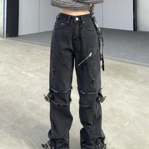 Black Gothic Y2K Denim Pants - Retro 90s Grunge, Y2K Summer & Party Outfits, Y