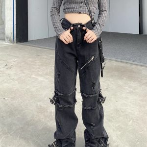 Black Gothic Y2K Denim Pants - Retro 90s Grunge, Y2K Summer & Party Outfits, Y