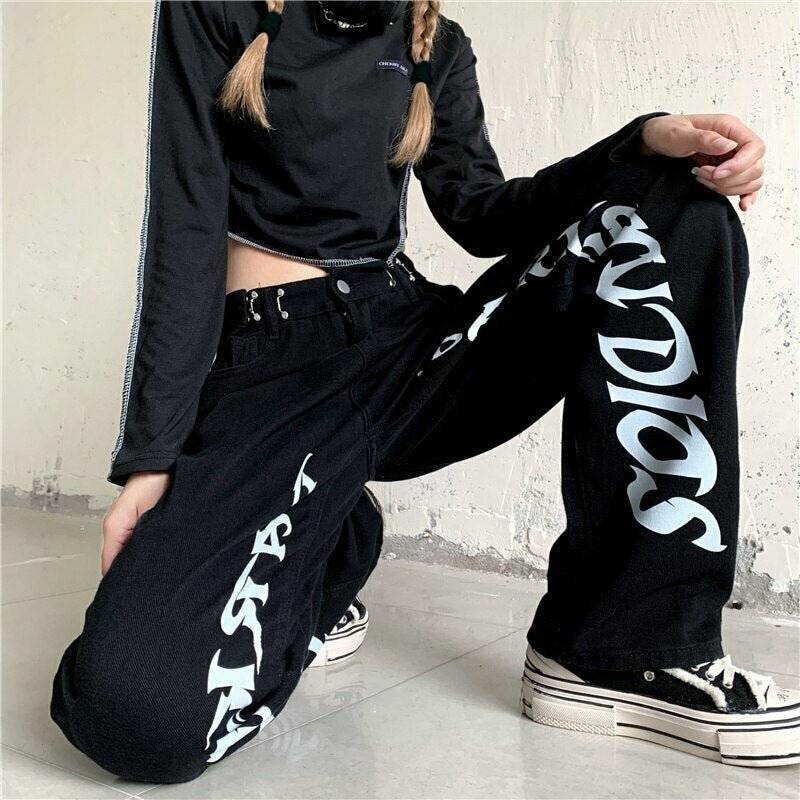 Black High Waist Harajuku Jeans - Y2K Grunge, 90s Fashion, Retro Style, Summer Y2