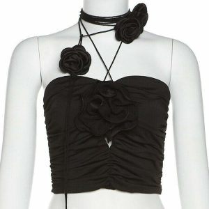 Black Rose Glamorous Crop Top - Y2K & 90s Fashion, Grunge, Retro, Summer & Party Out