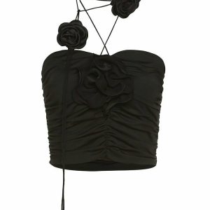 Black Rose Glamorous Crop Top - Y2K & 90s Fashion, Grunge, Retro, Summer & Party Out