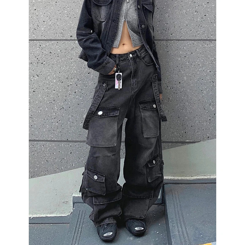 Black Women's Y2K Vintage Cargo Jeans Fashion High Waist Straight Pants