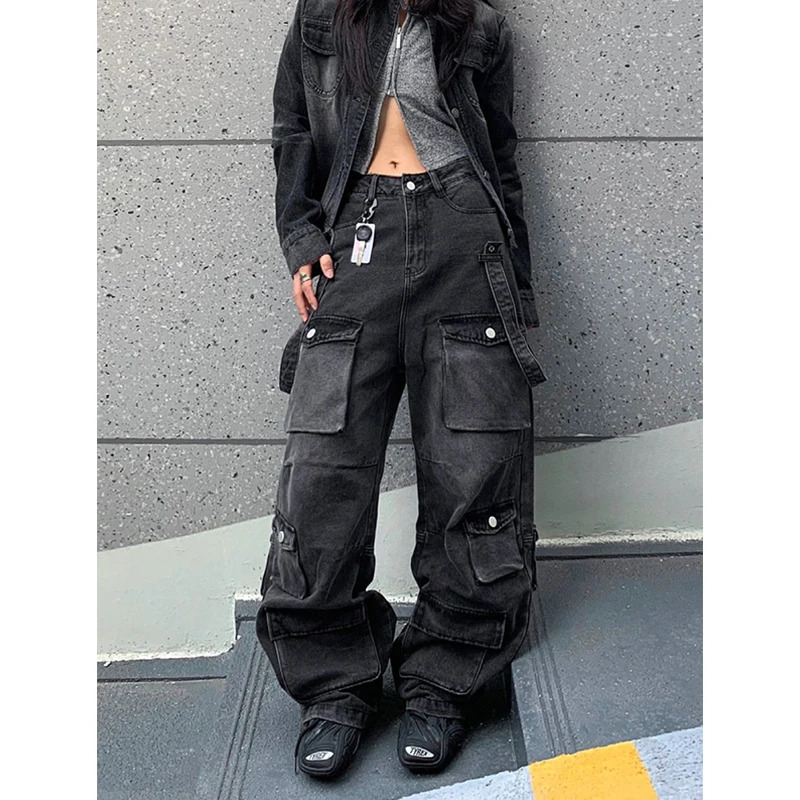 Black Women's Y2K Vintage Cargo Jeans Fashion High Waist Straight Pants