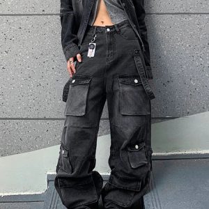 Black Women's Y2K Vintage Cargo Jeans Fashion High Waist Straight Pants