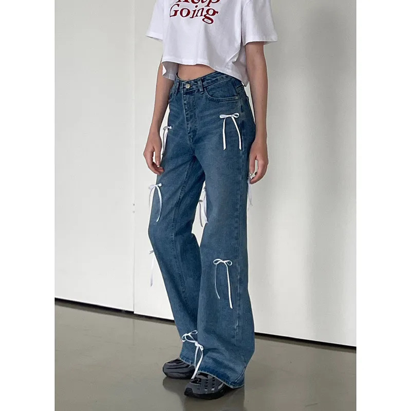 Blue Bow Jeans: Women's Y2K Aesthetic Denim Trouser for Grunge and Retro Style