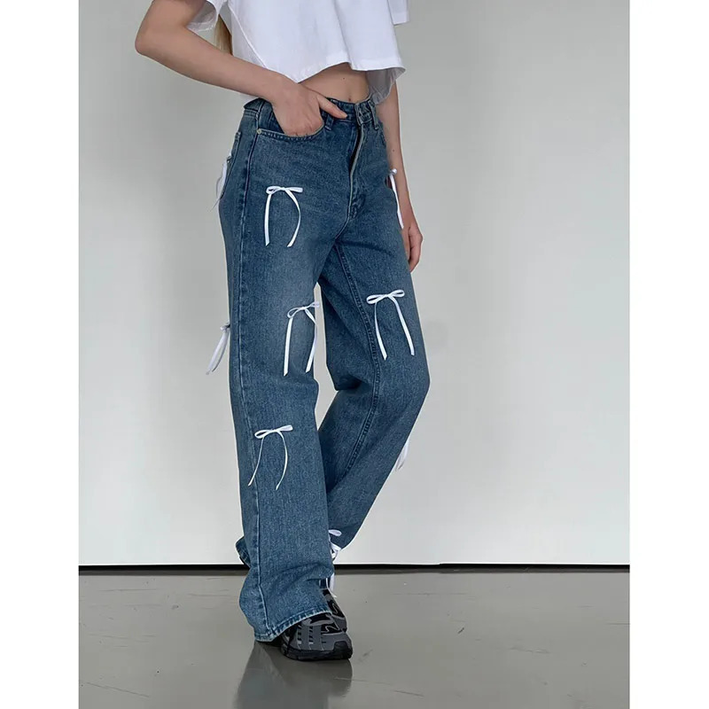 Blue Bow Jeans: Women's Y2K Aesthetic Denim Trouser for Grunge and Retro Style