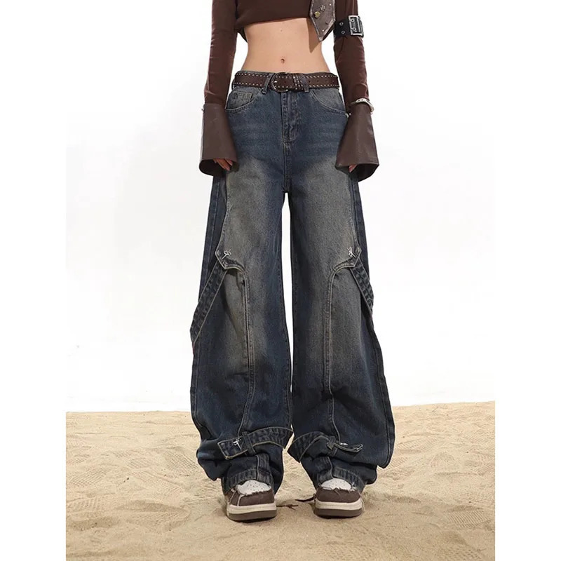 Blue Cargo Jeans Baggy Aesthetic Vintage Oversize Y2K Streetwear Denim Trousers