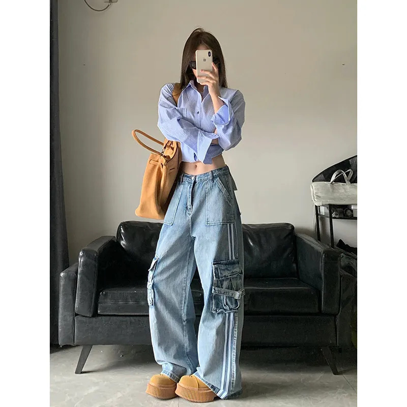 Blue Cargo Jeans: Vintage High Waist Harajuku Denim Trousers - Y2K 90s Style