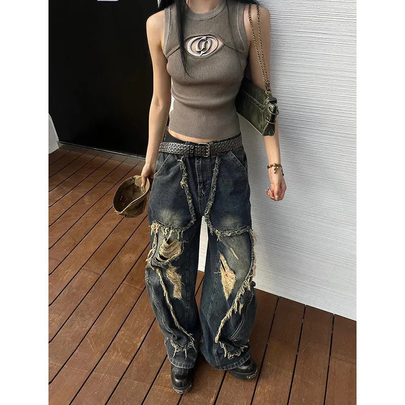 Blue Gothic Y2k Cargo Jeans: Harajuku 2000s Trashy Ripped Denim Trousers