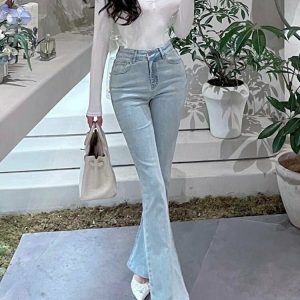 Blue High Waist Flare Jeans - Y2K & 90s Fashion, Retro Grunge, Summer & Party Outfits