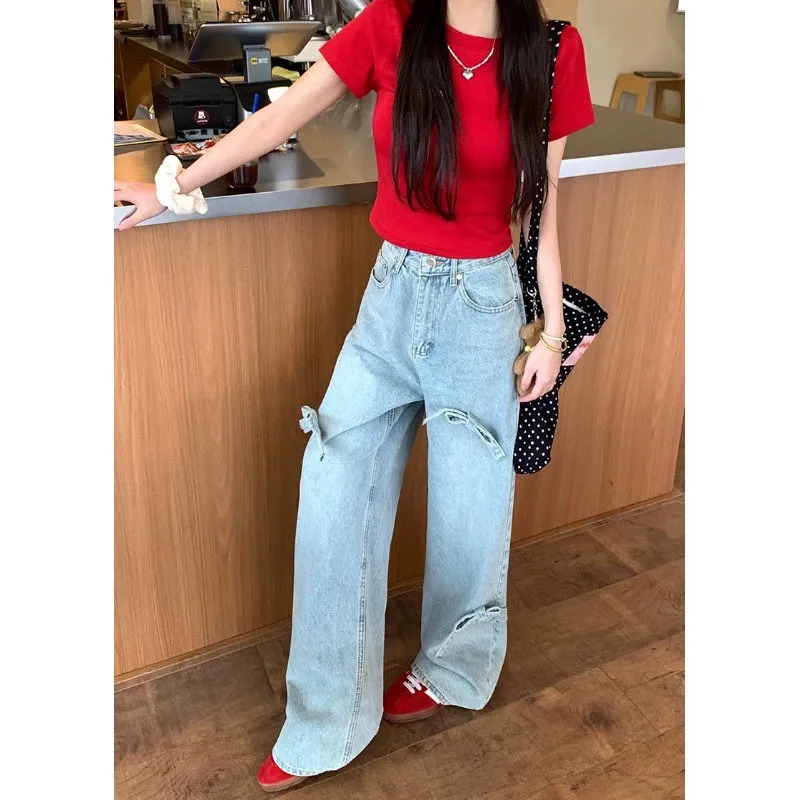 Blue Jeans Baggy Vintage Streetwear High Waist Bow Pants - Y2K Aesthetic Denim Trousers