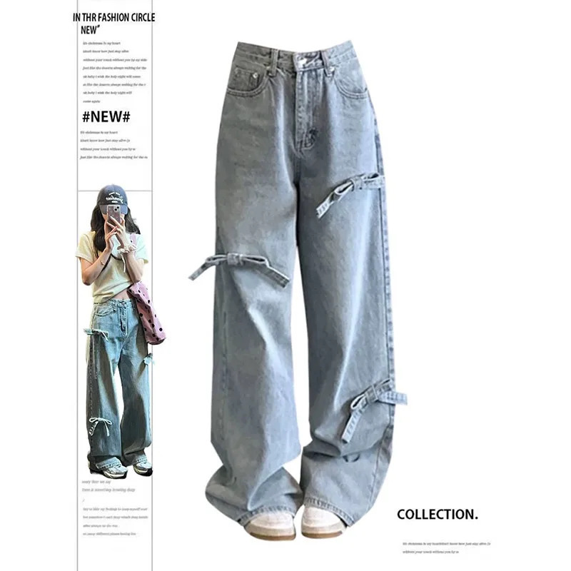 Blue Jeans Baggy Vintage Streetwear High Waist Bow Pants - Y2K Aesthetic Denim Trousers