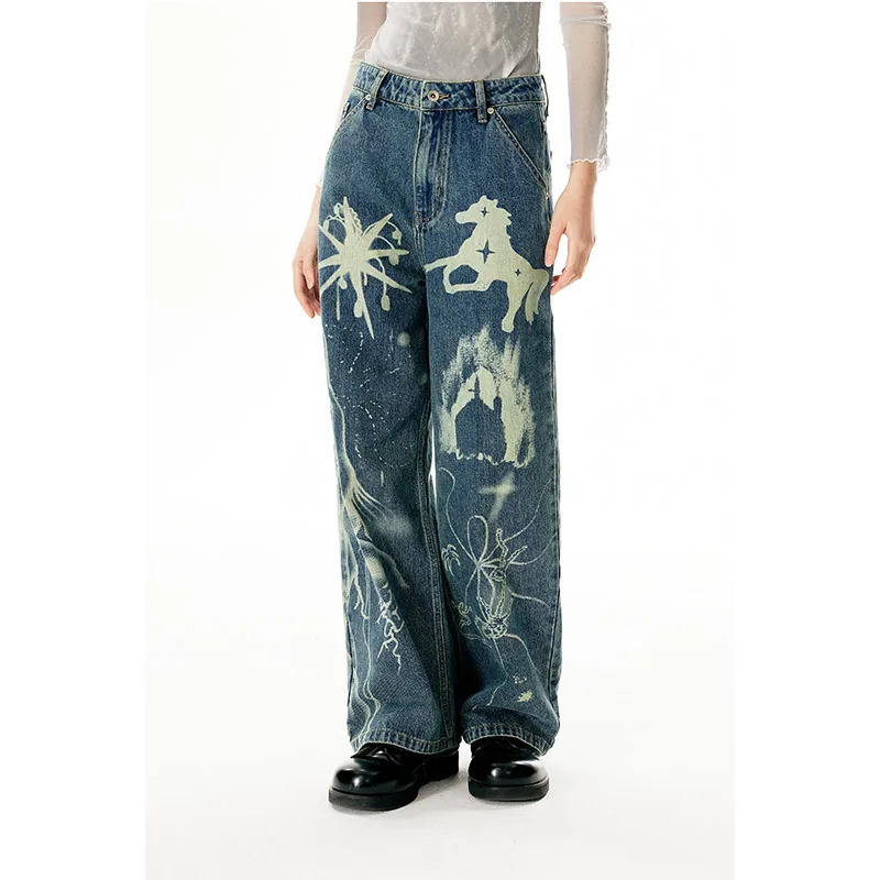 Blue Jeans Vintage Baggy Graphic Print High Waist Denim Trousers - Y2K 90s Grunge Retro Style