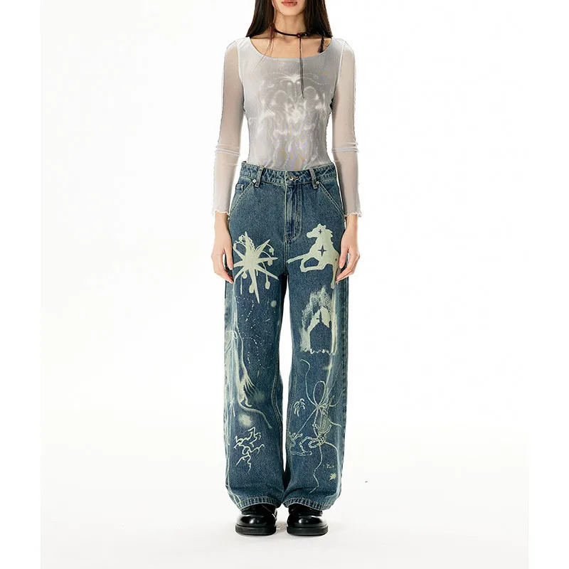 Blue Jeans Vintage Baggy Graphic Print High Waist Denim Trousers - Y2K 90s Grunge Retro Style